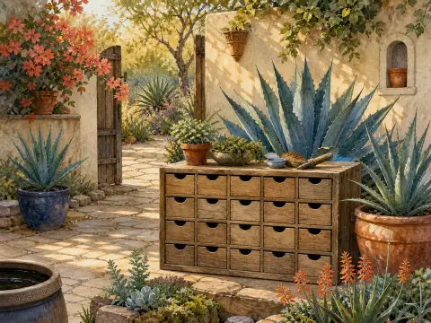 A sunlit courtyard featuring potted agave plants, a rustic multi-drawer wooden cabinet, and an open garden gate.