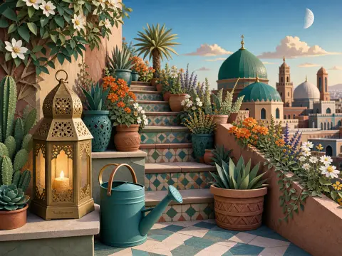 Tiled rooftop garden filled with potted flowers, cacti, a glowing lantern, and views of city domes.
