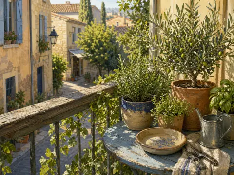 Potted olive tree, herbs, and a watering can on a rustic balcony overlooking a sunlit stone village street.