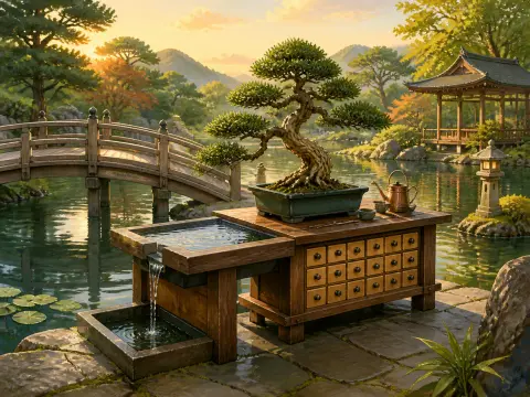 A bonsai tree on a wooden workbench beside a flowing water basin, pond, arched wooden bridge, and Japanese pavilion.