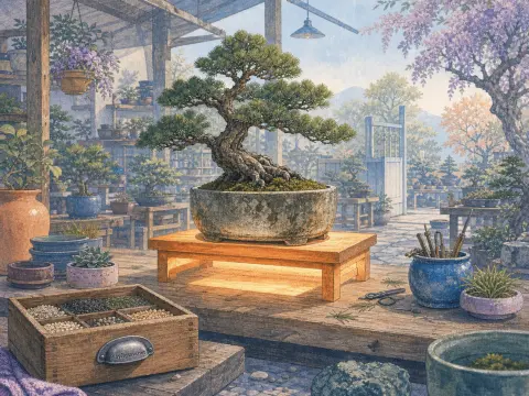 A potted pine bonsai resting on a wooden stand in a sunlit garden workshop with tools and gravel trays.