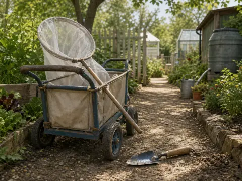 A canvas garden cart carrying a large insect net stands on a sunny dirt path next to a garden trowel.