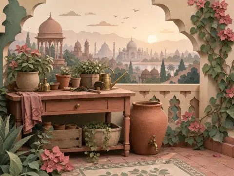 A garden potting table and terracotta urn on an arched balcony overlooking a distant palace city.