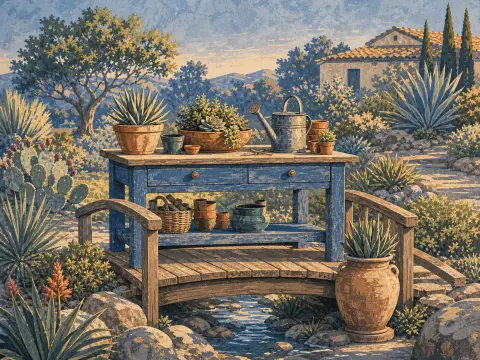 A rustic blue potting bench with succulents and a watering can rests on a small wooden bridge over a stream.
