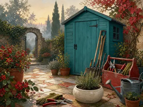 A teal wooden garden shed in a stone patio courtyard surrounded by gardening tools, potted plants, and autumn foliage.