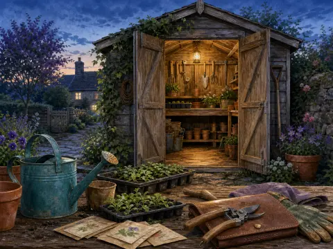 An open wooden garden shed glowing with lantern light at dusk, with gardening tools and pots on a workbench.