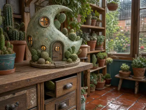 A miniature crescent moon-shaped fairy house decorated with small cacti sits on a rustic wooden bench in a greenhouse.