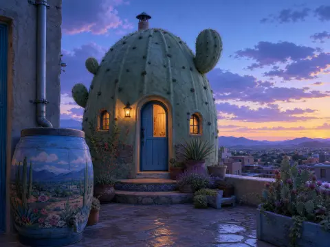 Whimsical cactus-shaped cottage on a stone rooftop patio overlooking a desert town during a purple sunset.