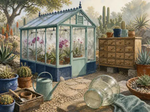 A small glass greenhouse with misted orchids stands in a desert garden surrounded by cacti and potted succulents.