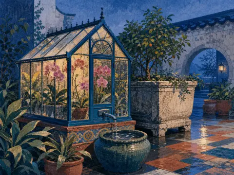 A miniature glass greenhouse filled with pink orchids spouting water into a basin in a twilight courtyard.