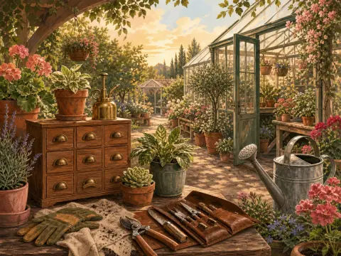 A wooden garden workbench with tools and potted plants sits outside an open glass greenhouse in warm sunlight.