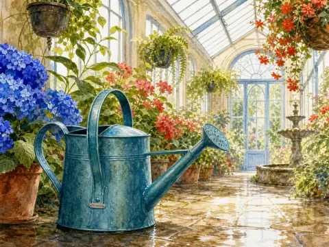 A teal watering can sits on a wet tiled floor surrounded by blooming flowers in a sunlit greenhouse.