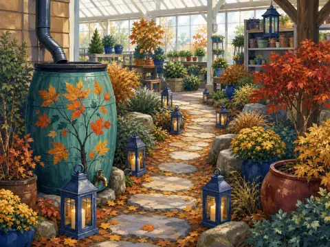 Stone greenhouse walkway scattered with autumn leaves, lit by blue candle lanterns beside a painted rain barrel.