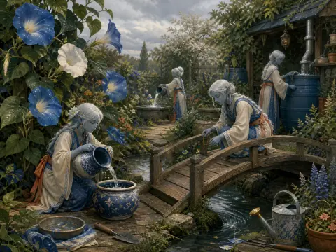 Blue-skinned maidens tend water vessels and plants beside a wooden bridge in a blooming garden.