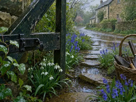 A weathered wooden garden gate opens to a wet stone path with blooming snowdrops and bluebells in the rain.