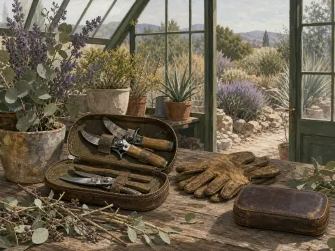 Gardening shears resting in an open leather case on a wooden potting bench inside a bright sunlit greenhouse.