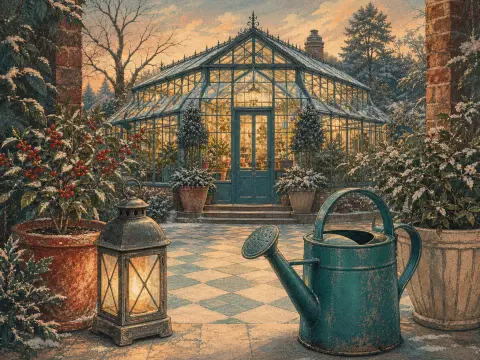 A glowing glass greenhouse viewed across a snowy terrace with a lantern, watering can, and potted plants.