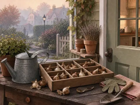 Flower bulbs in a partitioned wooden box on a rustic table outside a cottage next to a watering can and trowel.