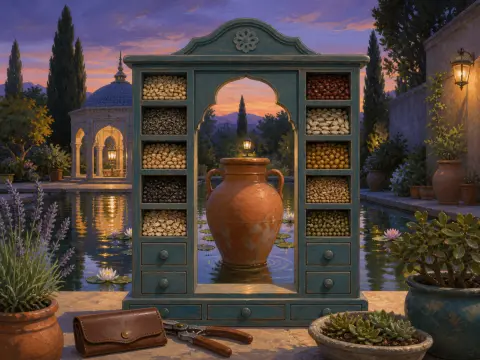 A teal wooden seed cabinet frames a view of a serene courtyard pond with a terracotta urn and distant gazebo at dusk.