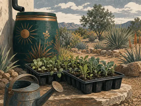 Seedling trays, a watering can, and a decorated teal rain barrel sit on a patio before a sunny desert landscape.
