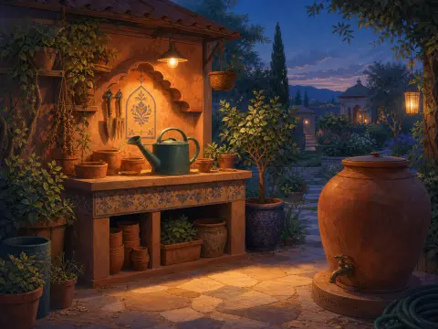 Terracotta water urn and illuminated potting bench filled with plants and pots in an evening garden.