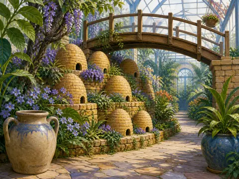 Terraced dome beehives nestled in flowering plants beneath a wooden footbridge inside a sunlit glass greenhouse.