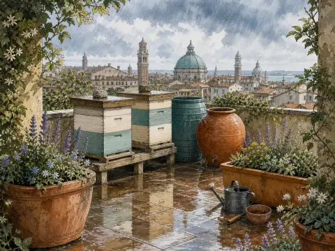 Beehives, potted flowers, and clay urns on a wet rooftop terrace overlooking church domes during a rainstorm.