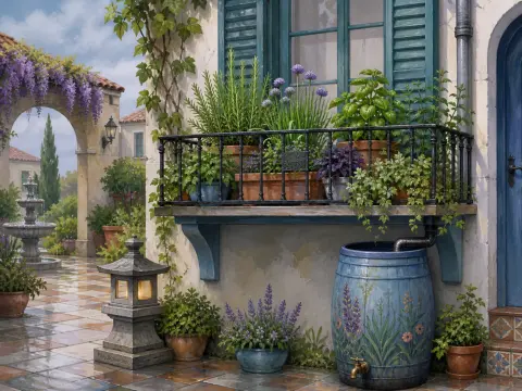 A window ledge filled with potted herbs sits above a painted blue rain barrel and a wet tiled courtyard with a fountain.