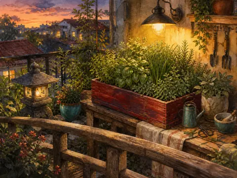Rooftop balcony herb garden illuminated by a warm wall lamp and stone lantern against an orange sunset sky.