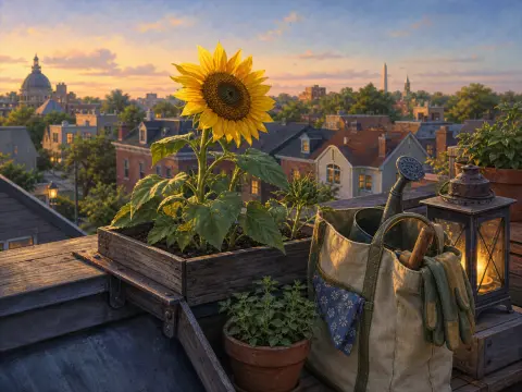 A blooming yellow sunflower and gardening bag sit on a rooftop overlooking brick houses at sunset.