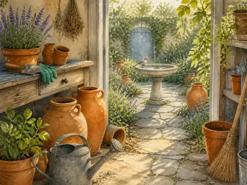 A potting shed filled with terracotta pots looking out to a sunny stone garden path with a birdbath.