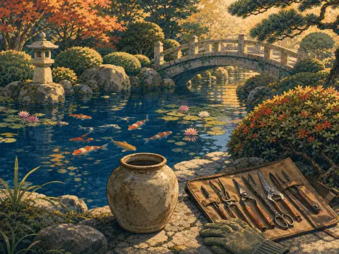 A tranquil Japanese water garden featuring swimming koi, a stone bridge, and gardening tools beside a ceramic pot.