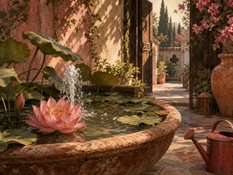 A stone fountain basin with blooming pink water lilies stands in a sunlit courtyard beside an old watering can.