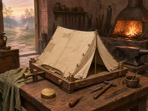 A miniature canvas tent model on a workshop table surrounded by tools, with an open forge and distant camp visible.