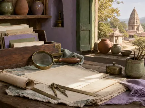 Drafting tools, parchment, and a magnifying glass on a rustic desk next to an open window overlooking stone temples.