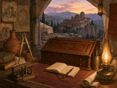 An expedition tent interior with a wooden writing desk, oil lamp, and maps overlooking a hilltop monastery at sunset.
