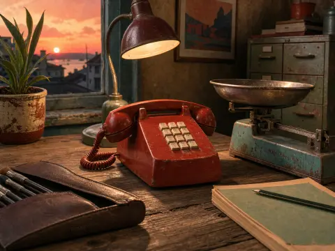 A vintage red push-button telephone on a rustic wooden desk next to a balance scale and a sunset window.