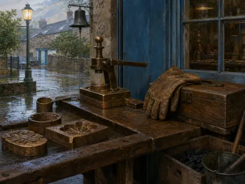 Bronze molds, a mechanical press, and leather gloves rest on a wet wooden bench beside a rainy village street.