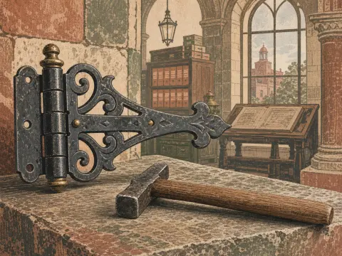 An ornate black iron hinge and small hammer resting on a stone ledge before an arched medieval study window.