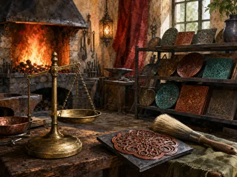 A blacksmith workshop with a roaring stone hearth, a brass balance scale, and shelves of decorative copper plates.