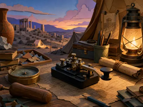 A telegraph key, compass, and glowing lantern on a desk looking out toward ancient ruins at sunset.