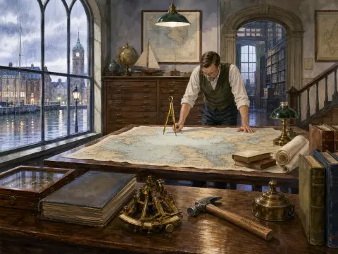 A man leans over a drafting table examining an open map in a study overlooking a rainy harbor.