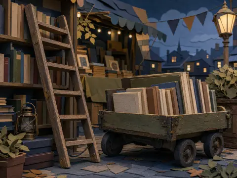 A wooden cart filled with antique books rests on cobblestones next to a ladder and a glowing streetlamp at night.