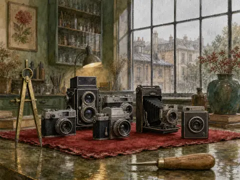 Vintage film cameras arranged on a red mat beside a rain-streaked window overlooking city buildings.