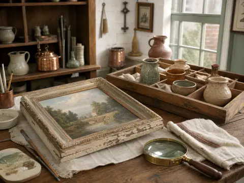 An antique oil painting in a weathered frame rests on a conservator's desk with brushes, jars, and a magnifying glass.