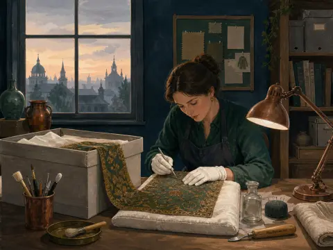 A conservator wearing white gloves carefully restores an ornate green and gold textile beneath a desk lamp.