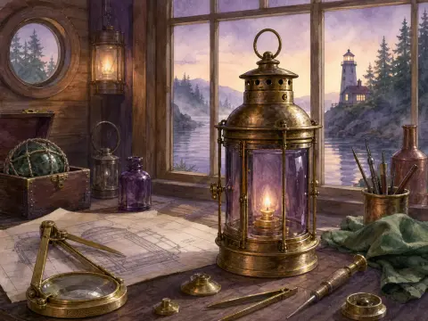 A glowing brass lantern on a workbench with nautical blueprints overlooking a lighthouse across calm evening water.