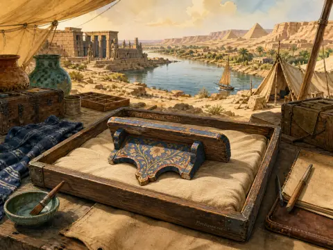 An antique painted wooden artifact on a desk inside a desert tent overlooking a river, temple ruins, and pyramids.