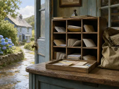 A wooden mail sorting box filled with envelopes sits by an open blue door overlooking a village garden path.