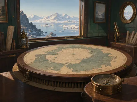 A circular polar map and brass compass in a wooden cabin overlooking snow-covered mountains and an icy bay.